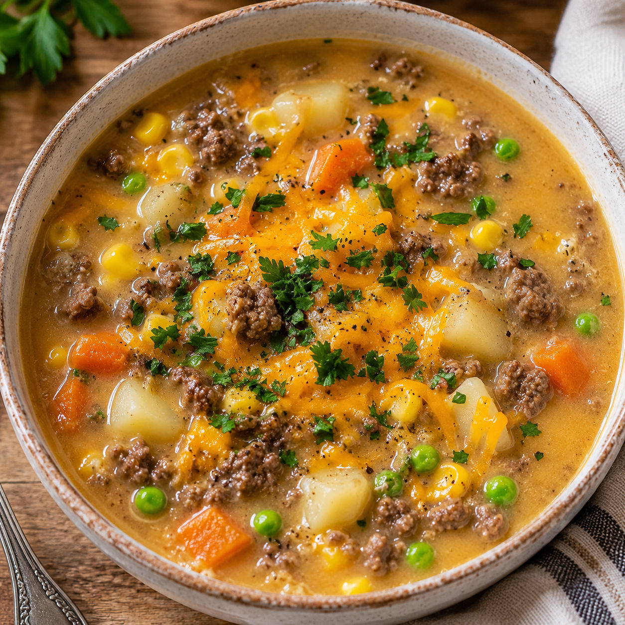 Shepherd's Pie Soup with beef, potatoes, vegetables, cheddar, and parsley