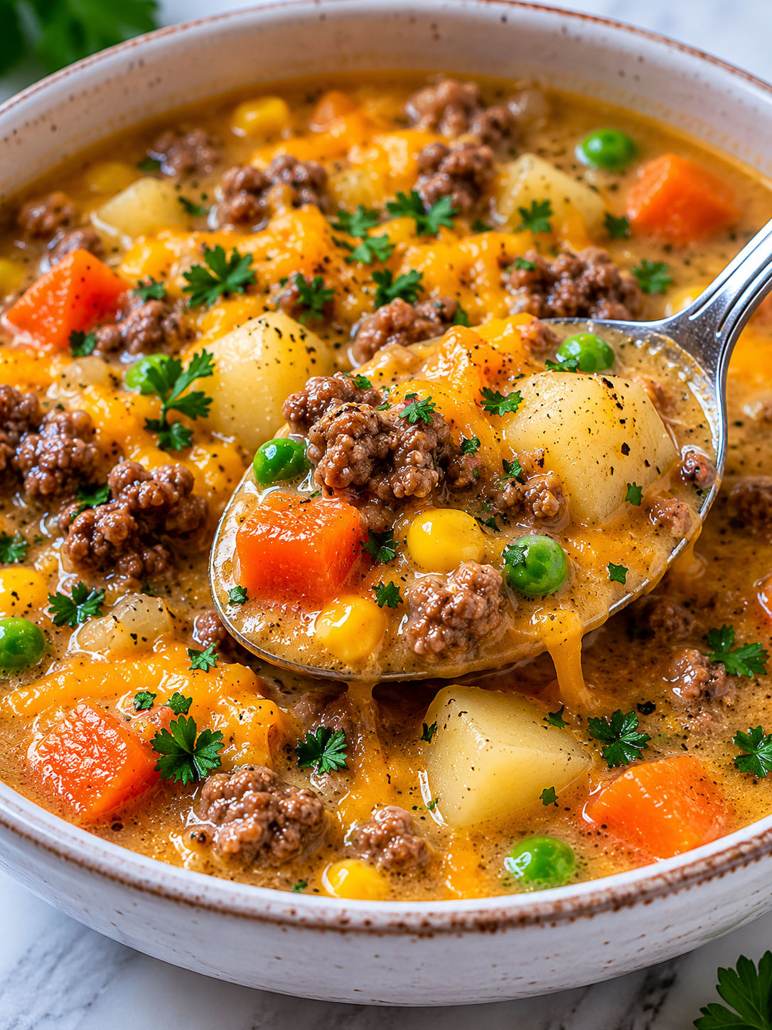 Shepherd's Pie Soup, plated and served