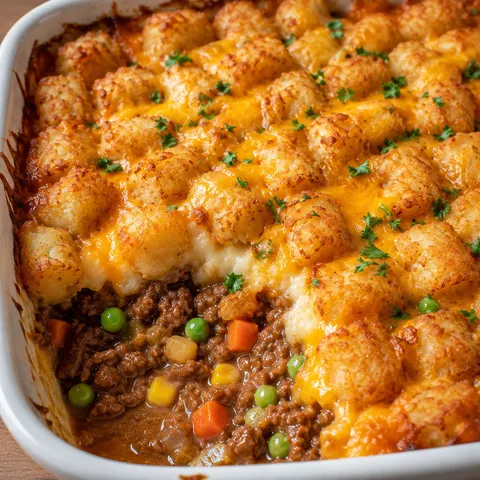 Shepherd’s Pie Tater Tot Casserole with cheddar and parsley