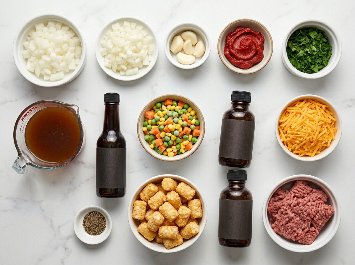 Ingredients for Shepherd’s Pie Tater Tot Casserole on a kitchen surface