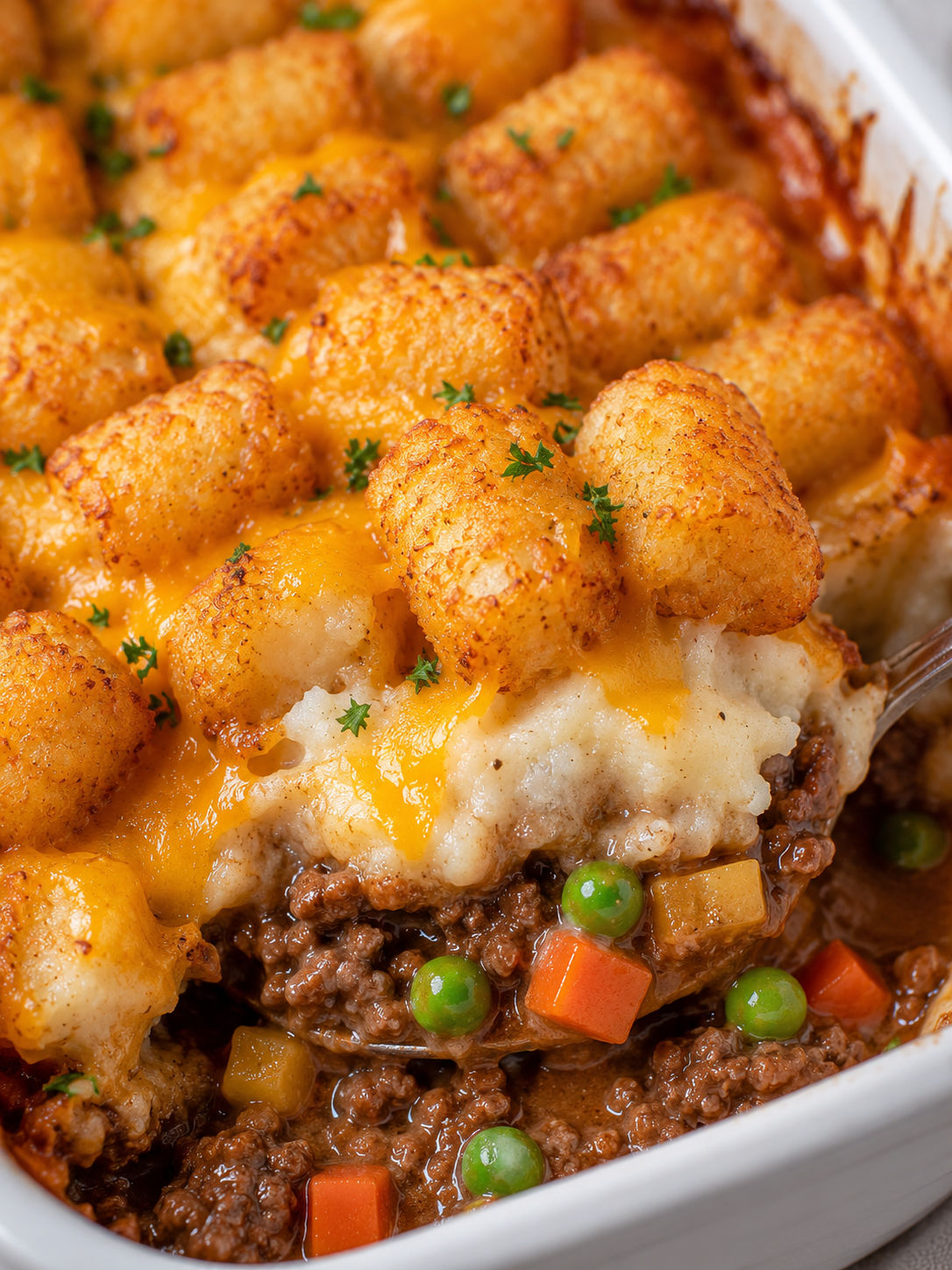 Shepherd’s Pie Tater Tot Casserole, plated and served
