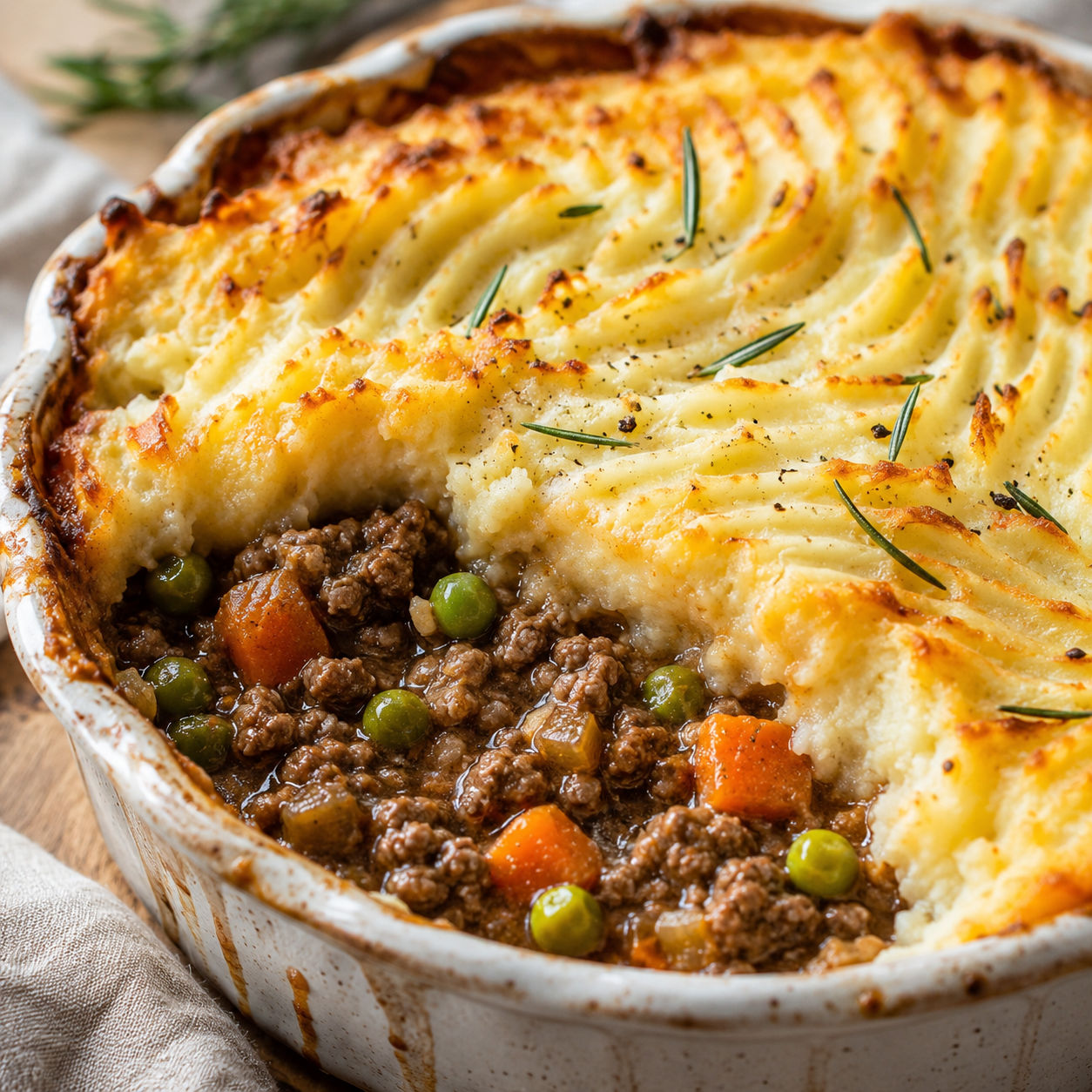Golden baked shepherd's pie with creamy mashed potato topping and lamb filling