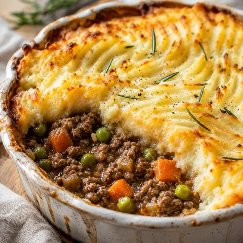Golden baked shepherd's pie with creamy mashed potato topping and lamb filling