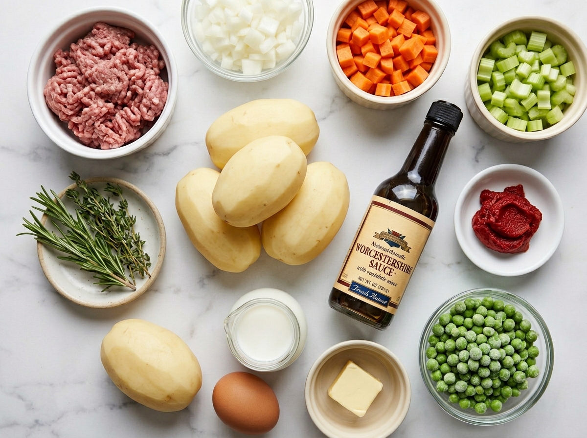 Raw ingredients for shepherd's pie including lamb, potatoes, carrots, and herbs