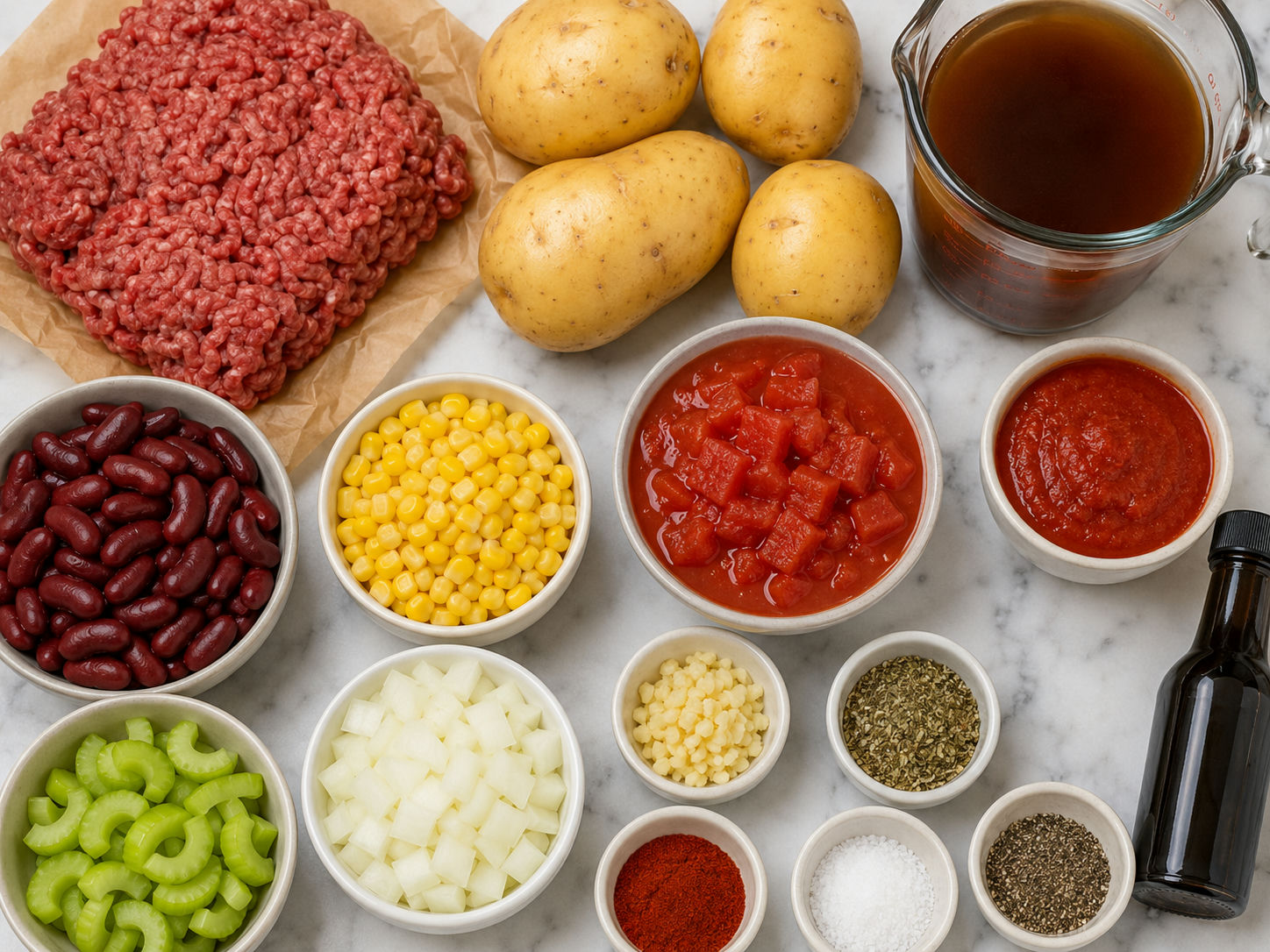Ingredients for Shipwreck Stew with beef, potatoes, beans, corn, and tomatoes