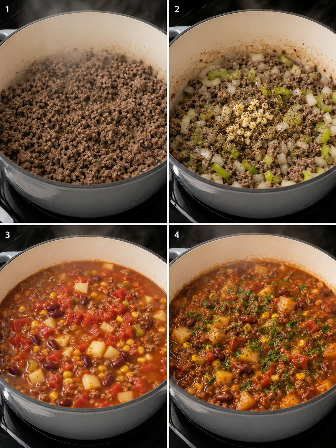 Four cooking steps for Shipwreck Stew from browning beef to simmering