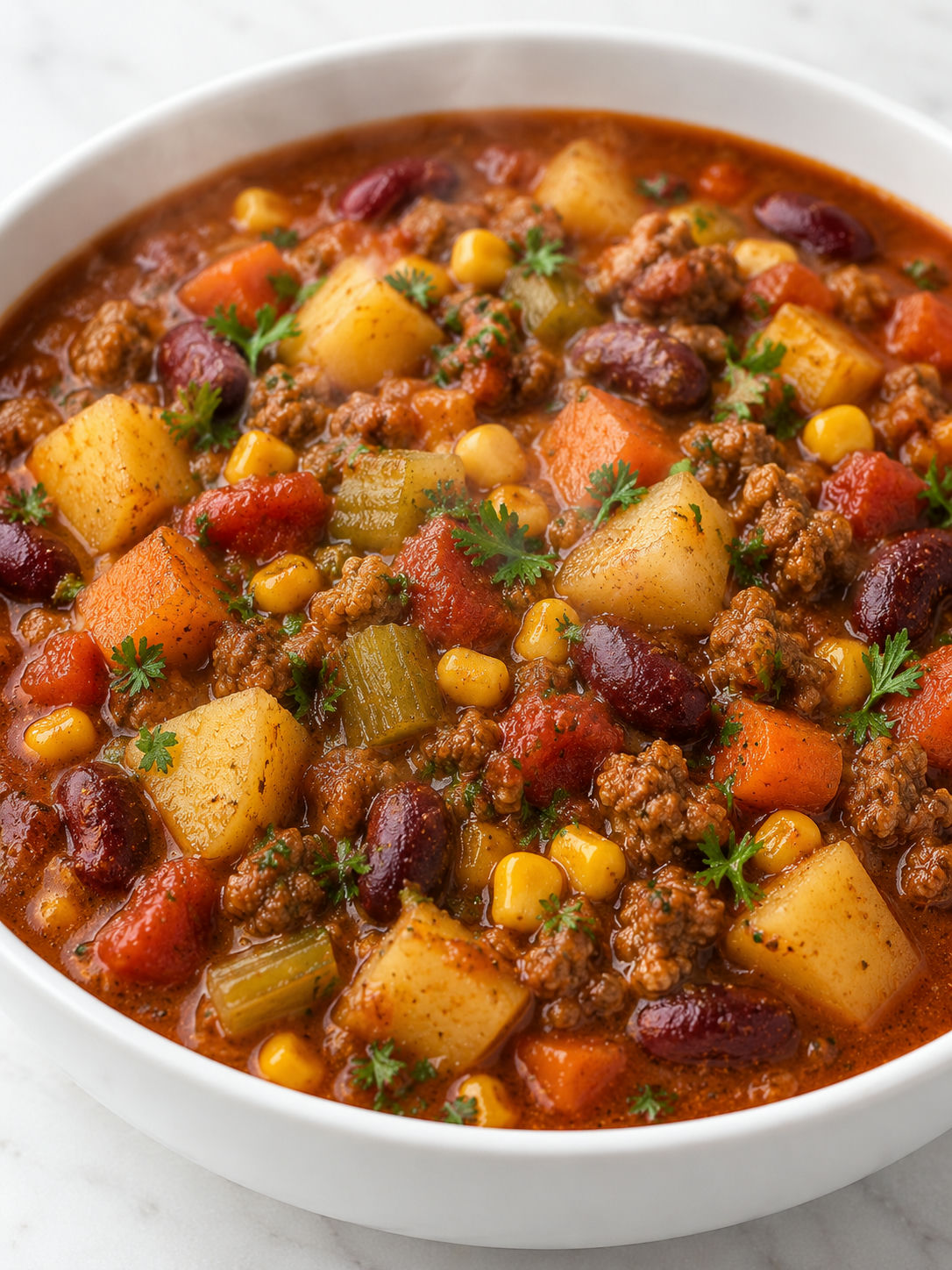 Hearty Shipwreck Stew with beef, potatoes, beans, corn, and tomato broth