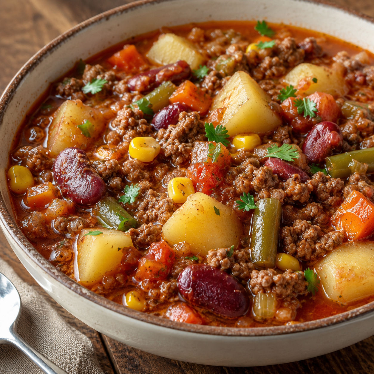 Shipwreck Stew with ground beef, potatoes, beans, corn, and vegetables