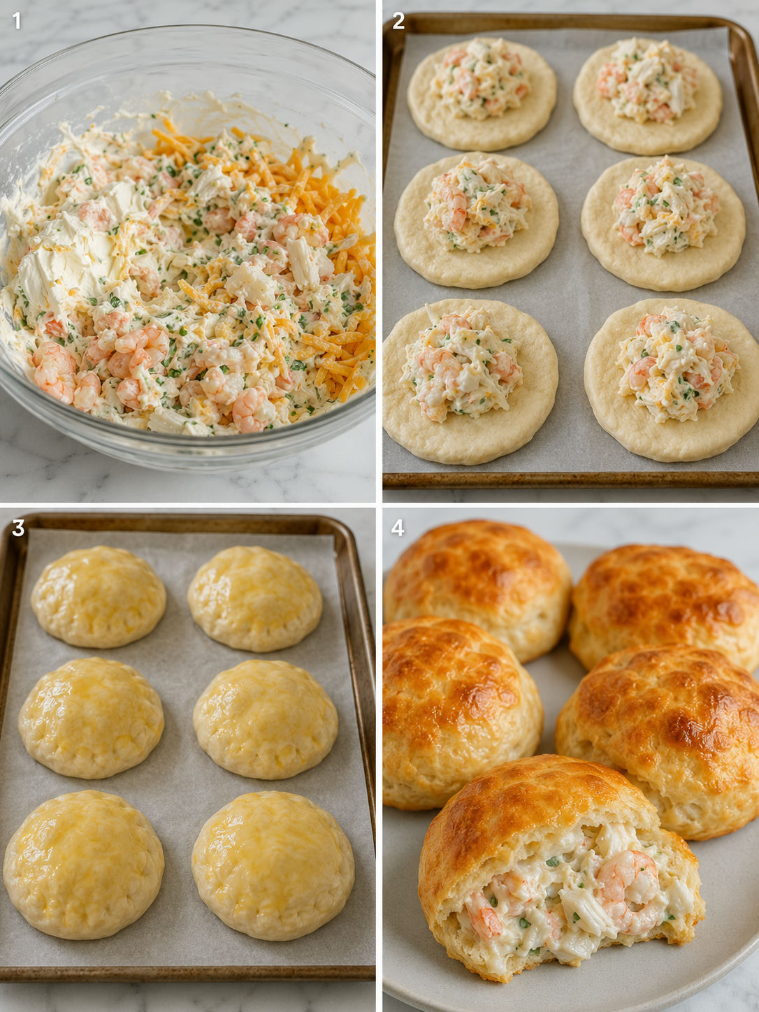 Four steps for making shrimp and crab biscuit melts from filling to baking