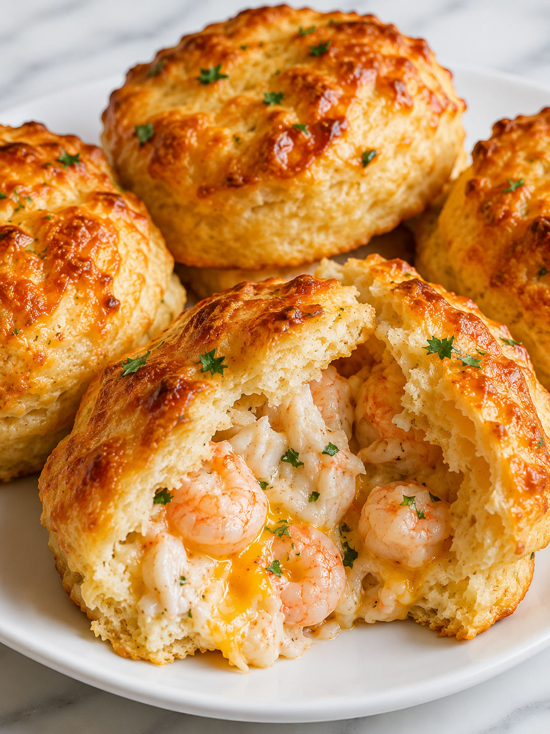 Golden shrimp and crab biscuit melts split open with melted cheese