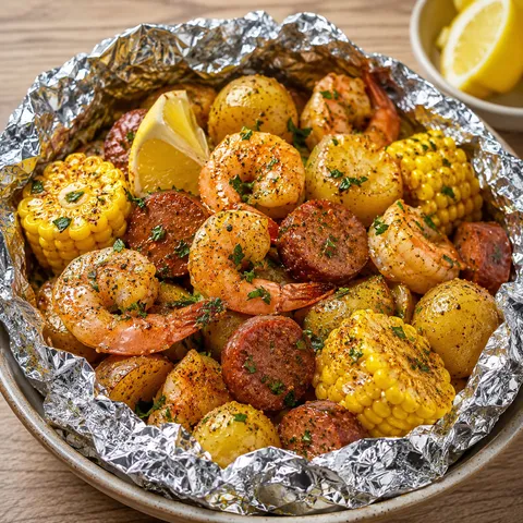 Shrimp, corn, potatoes, and smoked sausage in a buttery foil packet