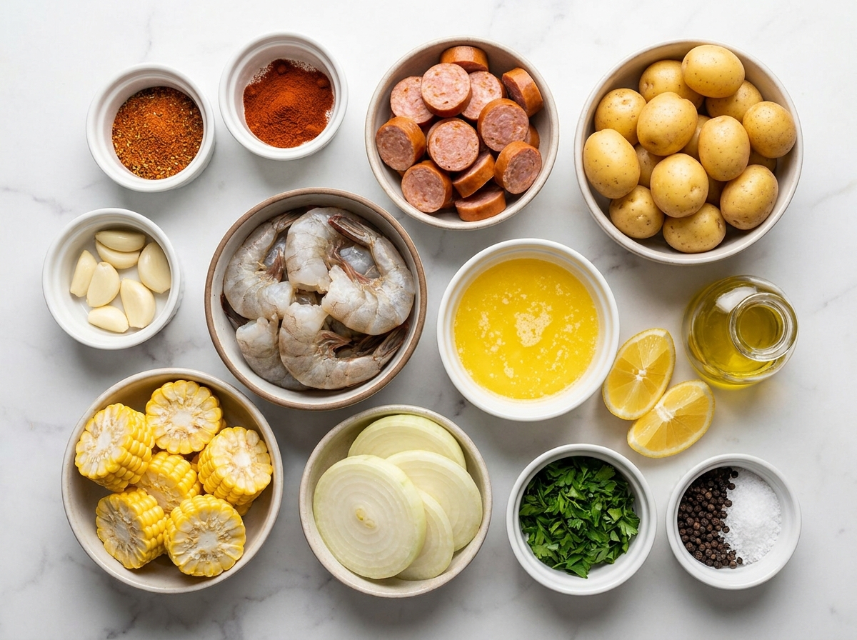 Raw shrimp, corn, potatoes, smoked sausage, and seasoned butter ingredients