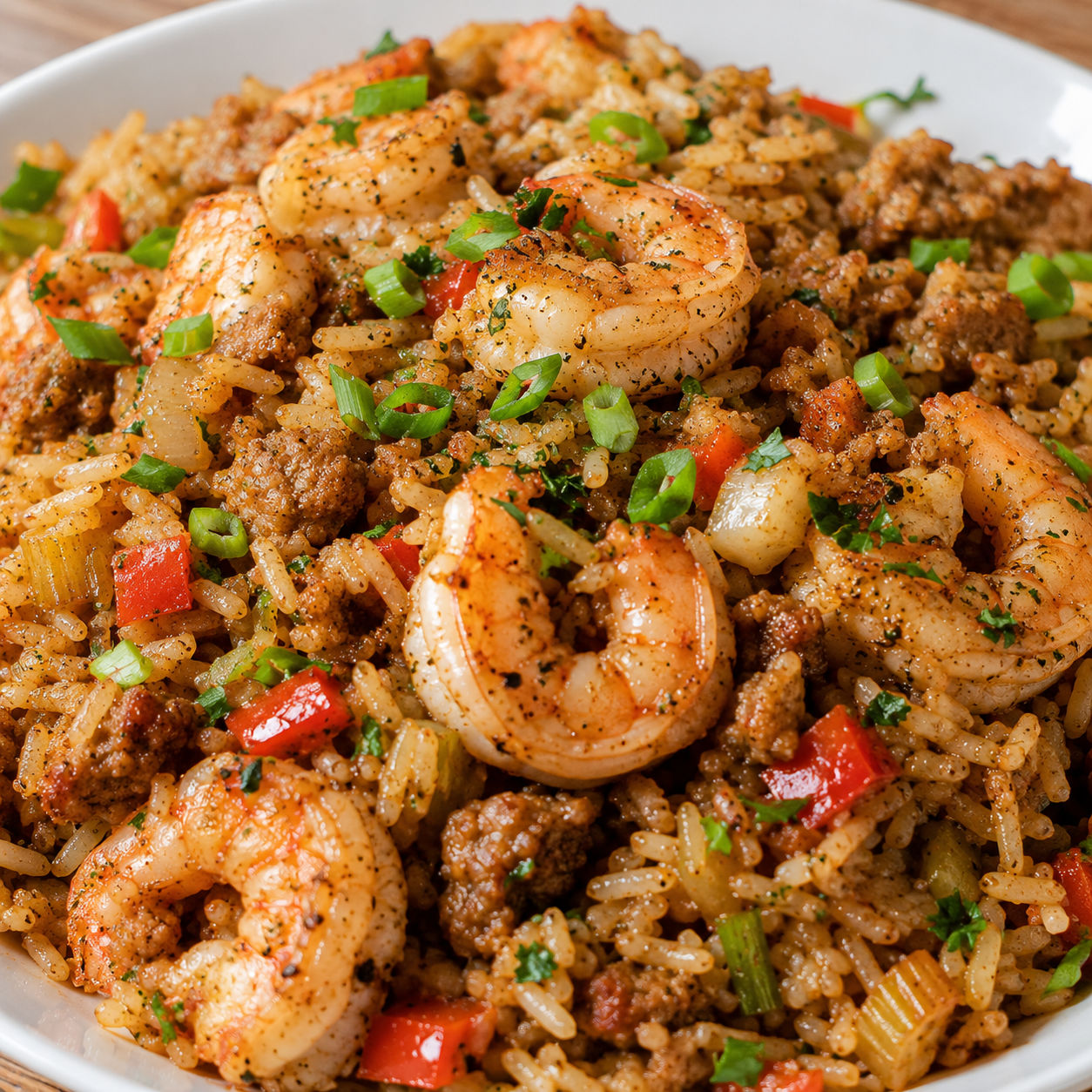 Shrimp dirty rice with ground sausage and vegetables in a cast iron skillet