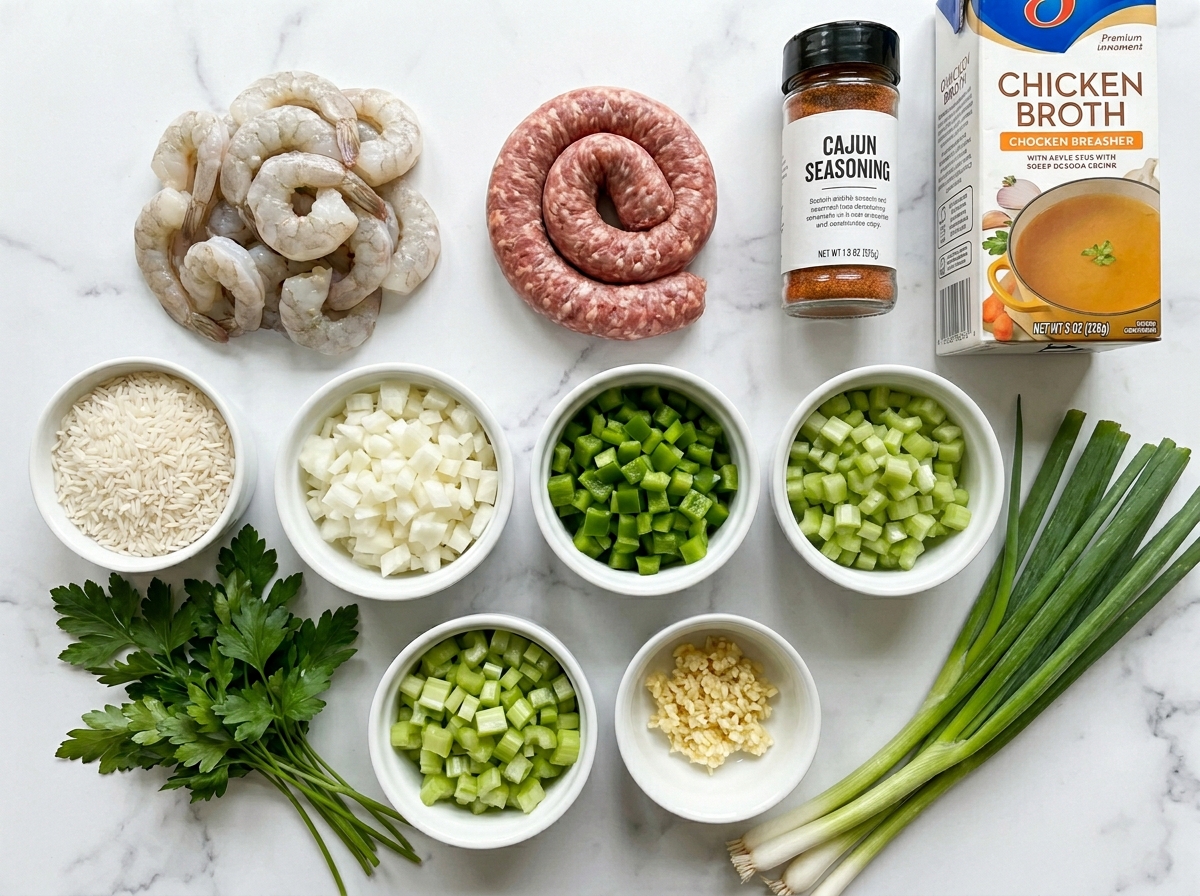 Raw ingredients for shrimp dirty rice with sausage and vegetables on a wooden board