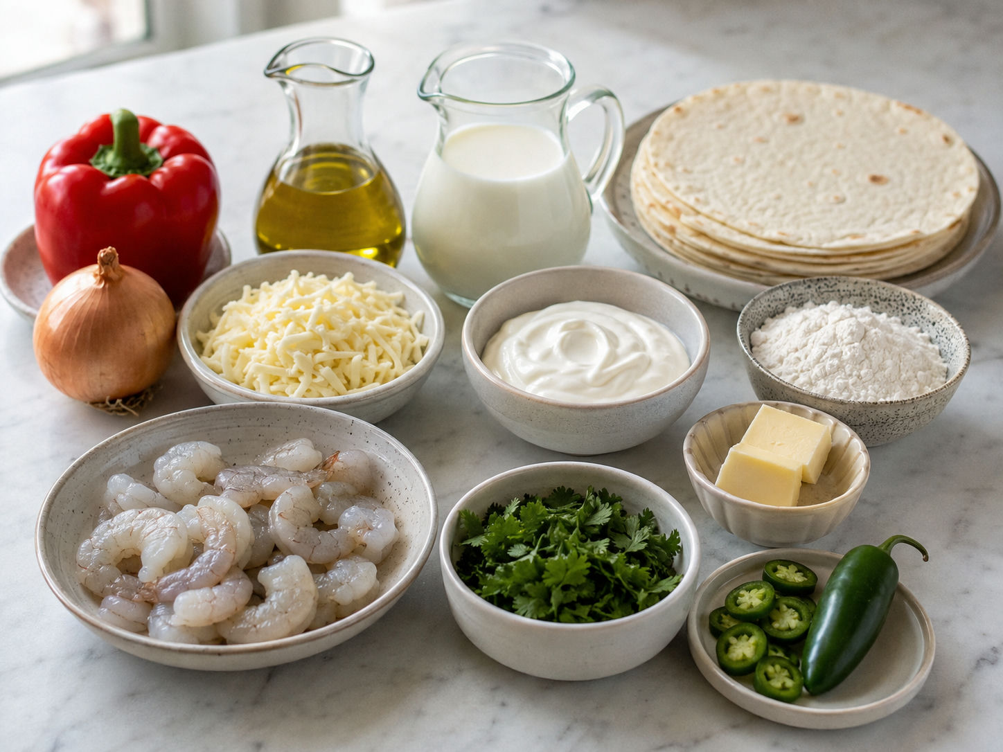 Ingredients for Shrimp Enchiladas with Cream Sauce laid out