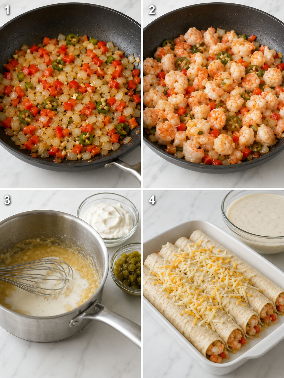 Four cooking steps for shrimp enchiladas with cream sauce