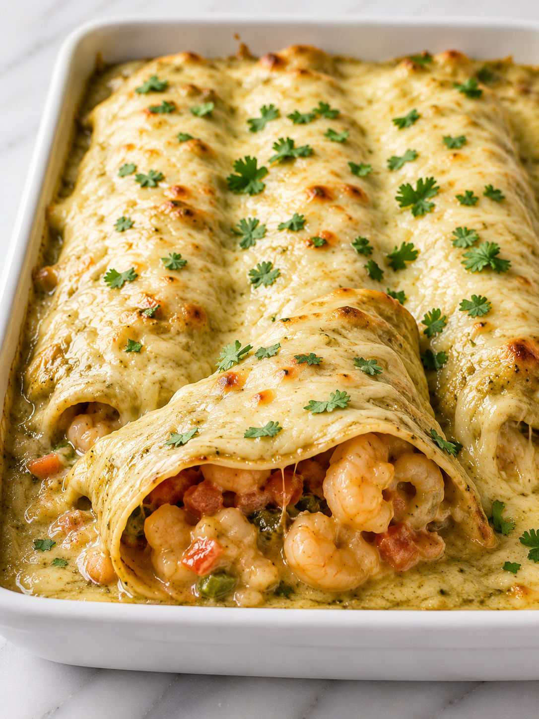 Creamy shrimp enchiladas with melted cheese, cilantro, pico de gallo, and lime