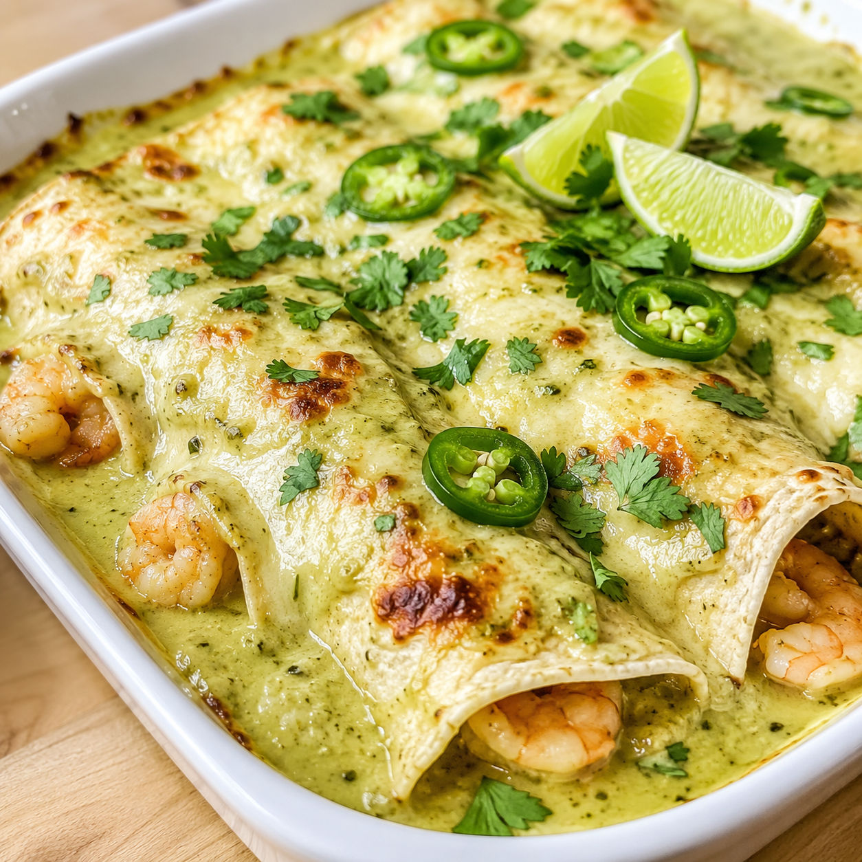 Shrimp enchiladas with creamy jalapeño sauce, cilantro, and lime