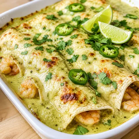 Shrimp enchiladas with creamy jalapeño sauce, cilantro, and lime