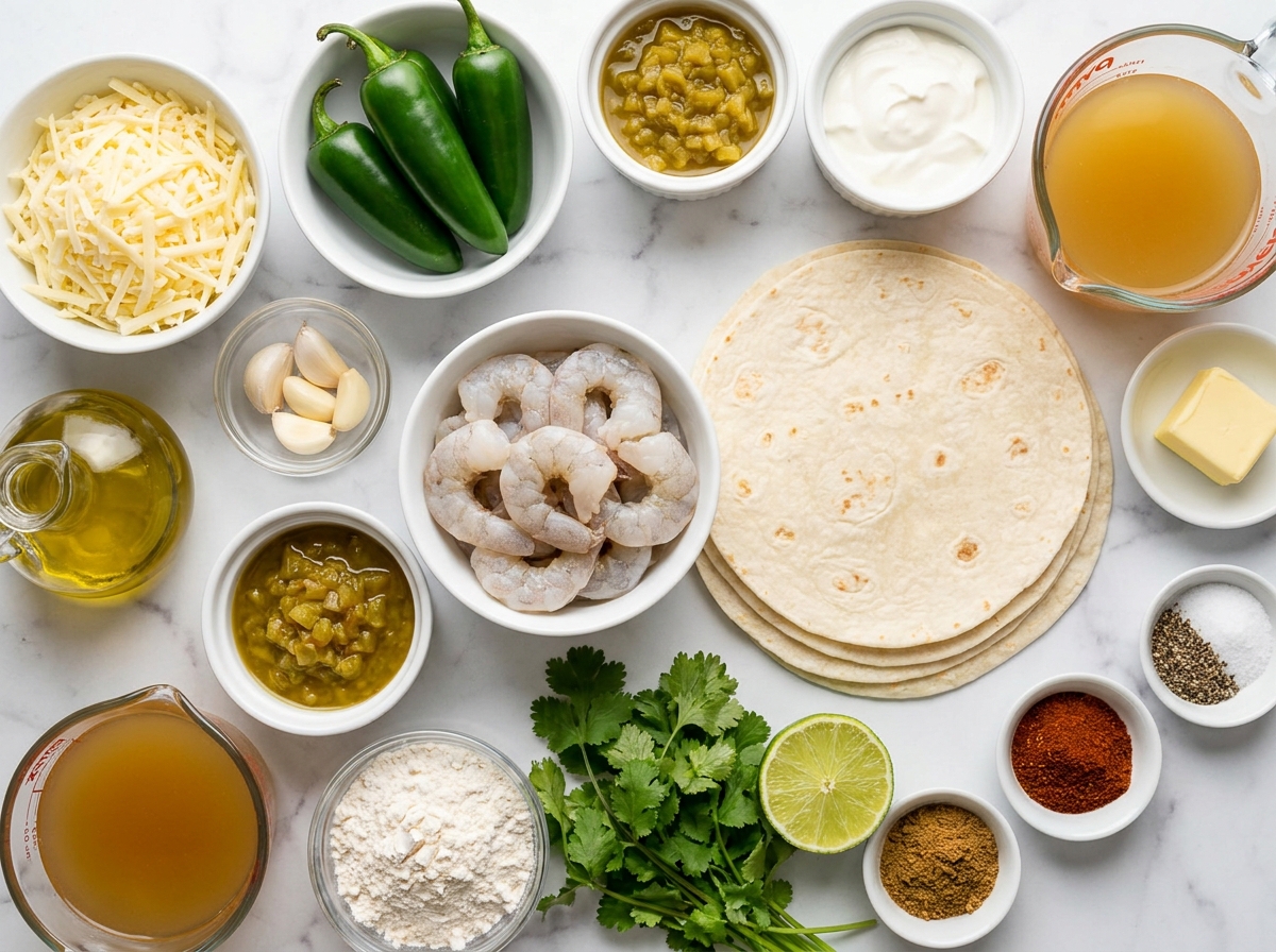 Raw ingredients for shrimp enchiladas with jalapeños, tortillas, and cheese