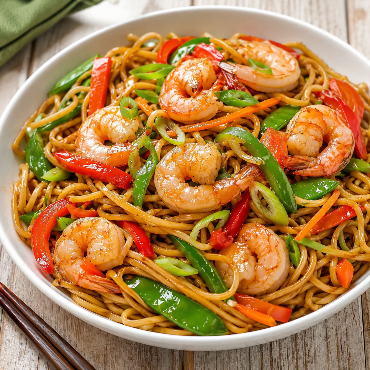 Shrimp lo mein with red and green peppers in a white bowl