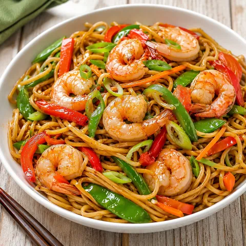 Shrimp lo mein with red and green peppers in a white bowl