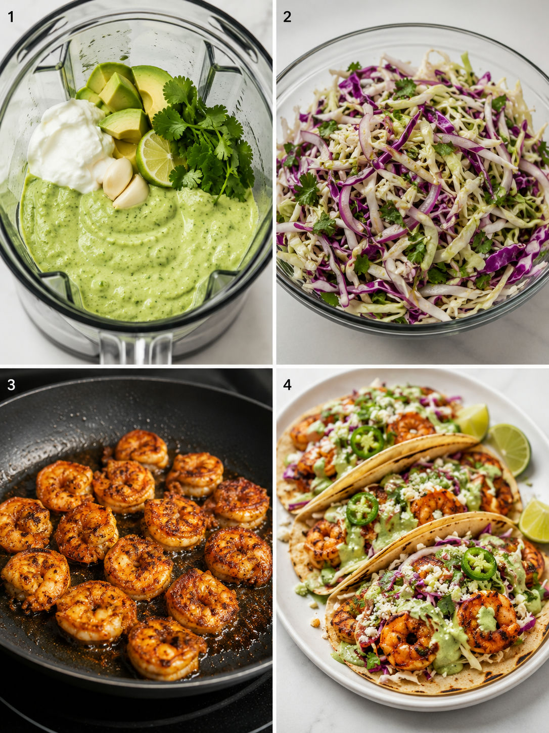 Four steps for making shrimp tacos with crema, slaw, seared shrimp, and platter