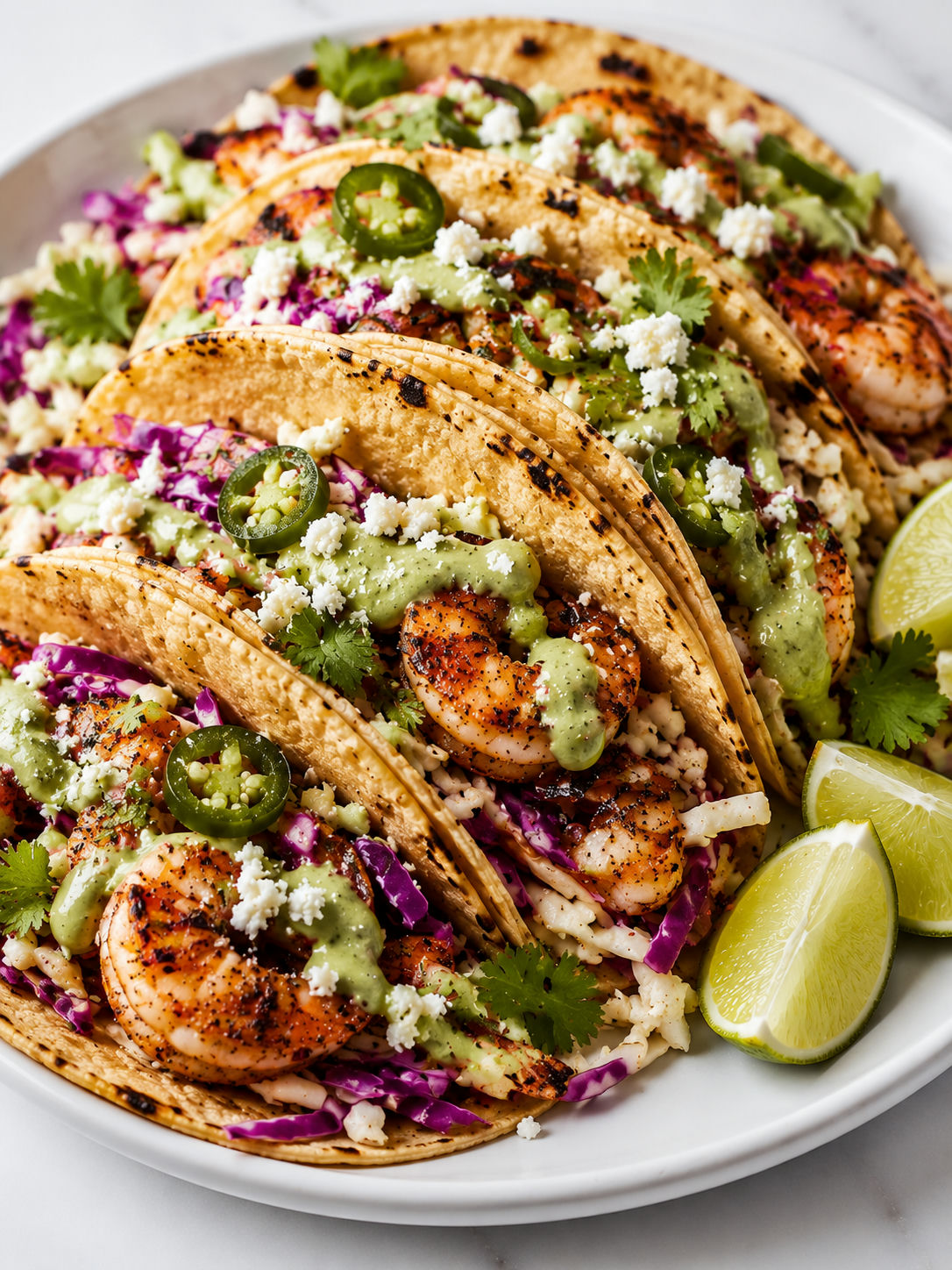 Shrimp tacos packed with slaw, avocado crema, Cotija, cilantro, and lime