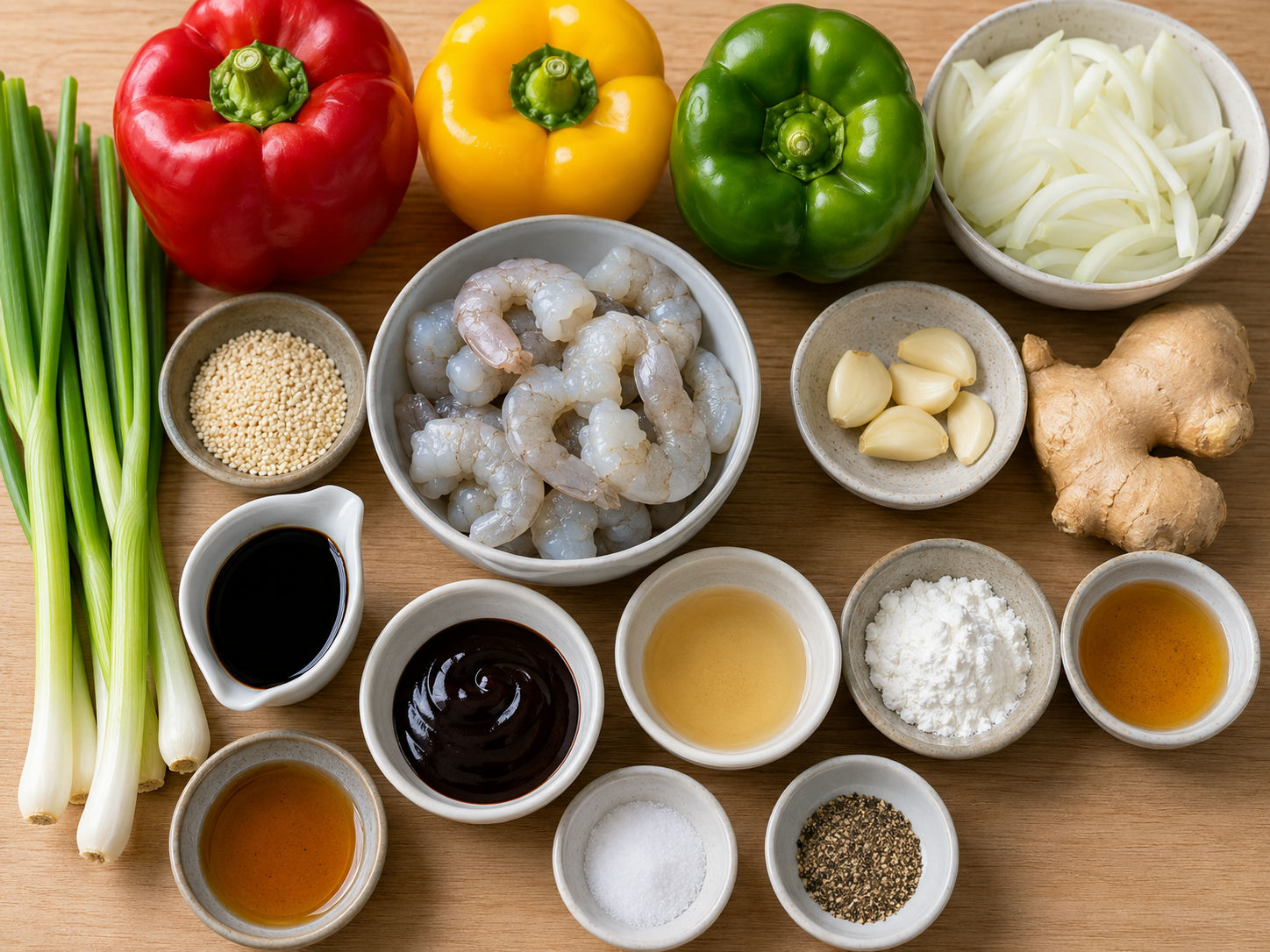 Raw shrimp, bell peppers, aromatics, and sauce ingredients for stir-fry