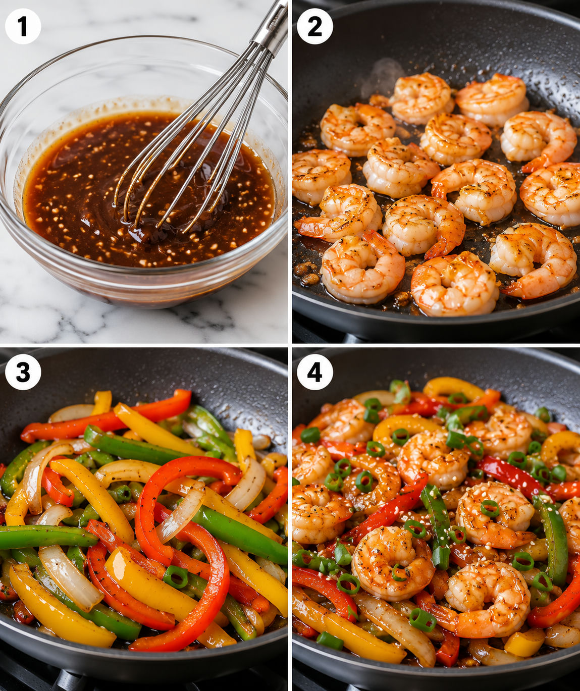 Four cooking steps for shrimp and bell pepper stir-fry