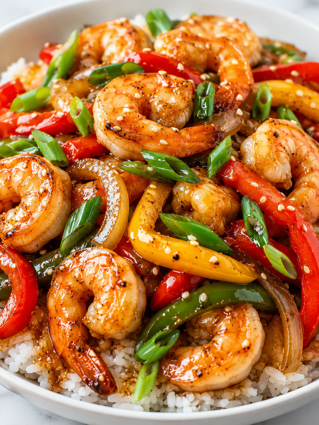 Glossy shrimp and bell pepper stir-fry with scallions