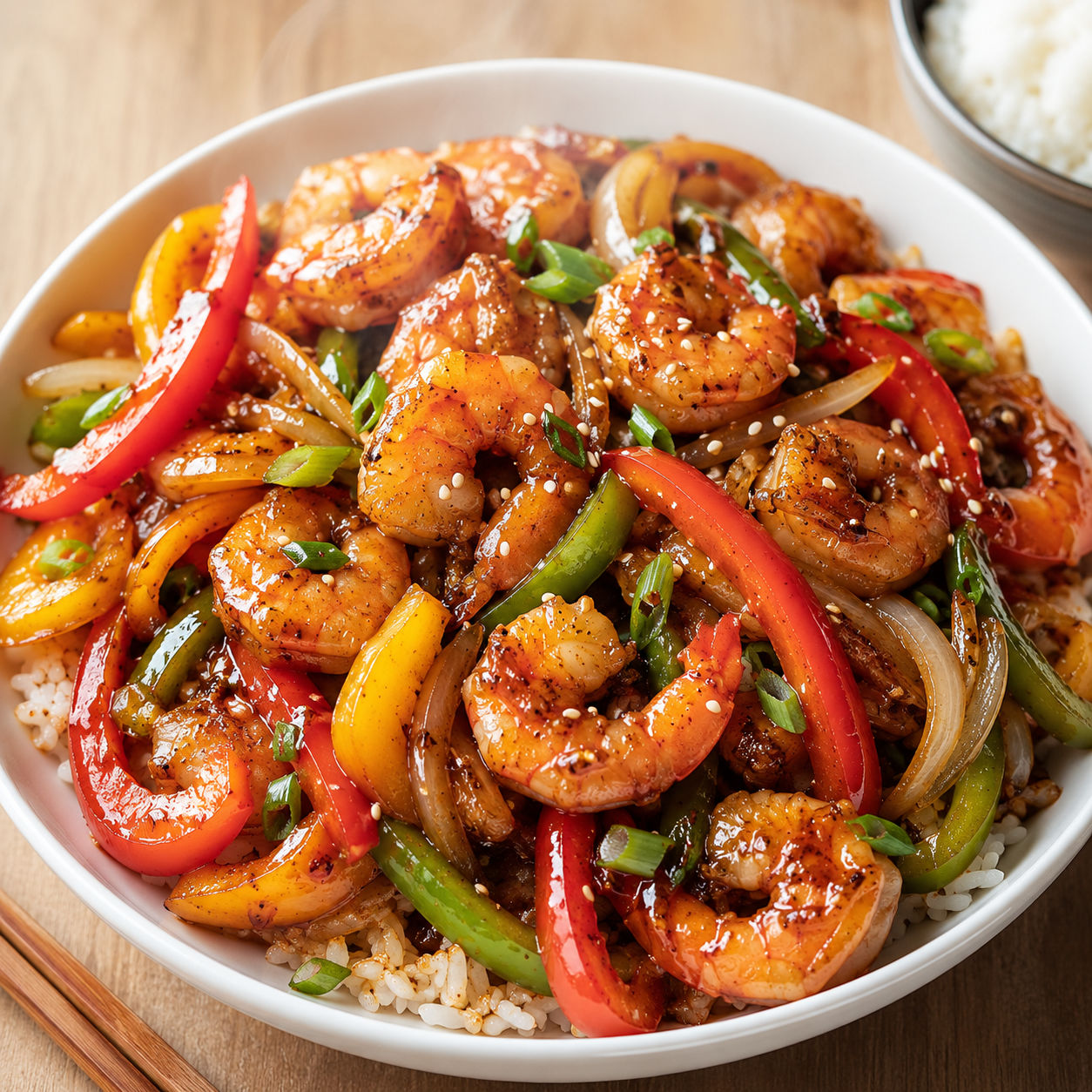 Shrimp and bell pepper stir-fry with glossy garlic soy sauce over rice