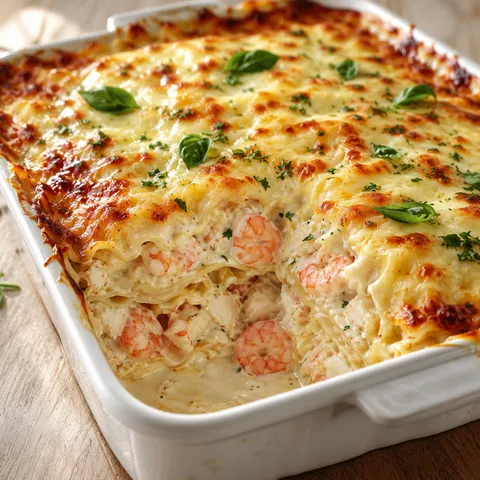Shrimp and crab lasagna with creamy Alfredo sauce and melted mozzarella in a baking dish