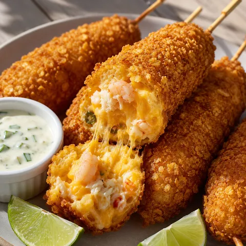 Shrimp and crab nacho corn dogs with melted cheese and lime wedges