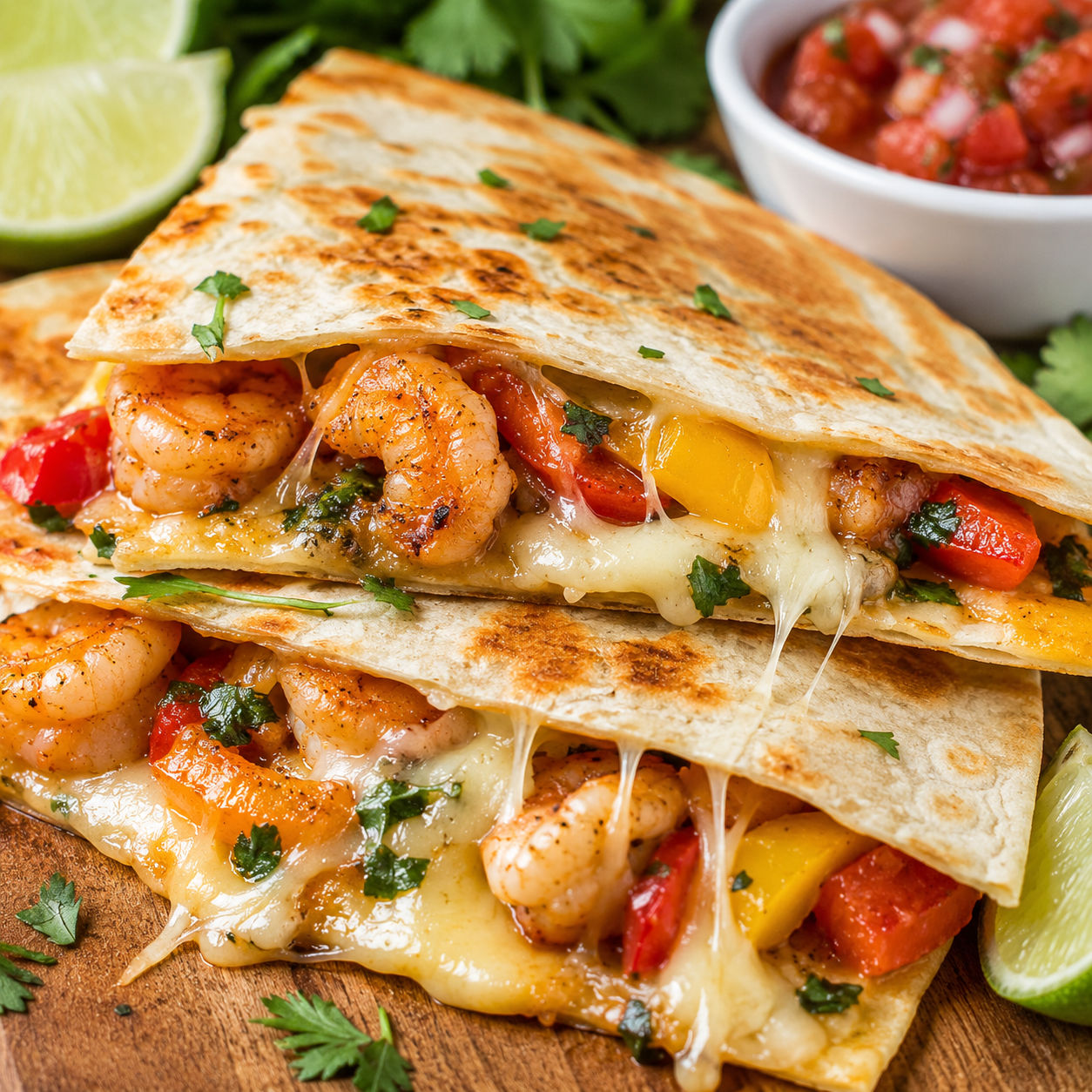 Shrimp and cheese quesadilla wedges with peppers, cilantro, and lime