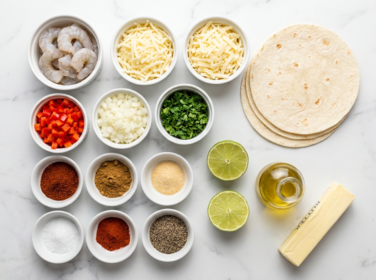 Raw shrimp, tortillas, cheese, peppers, lime, cilantro, and spices