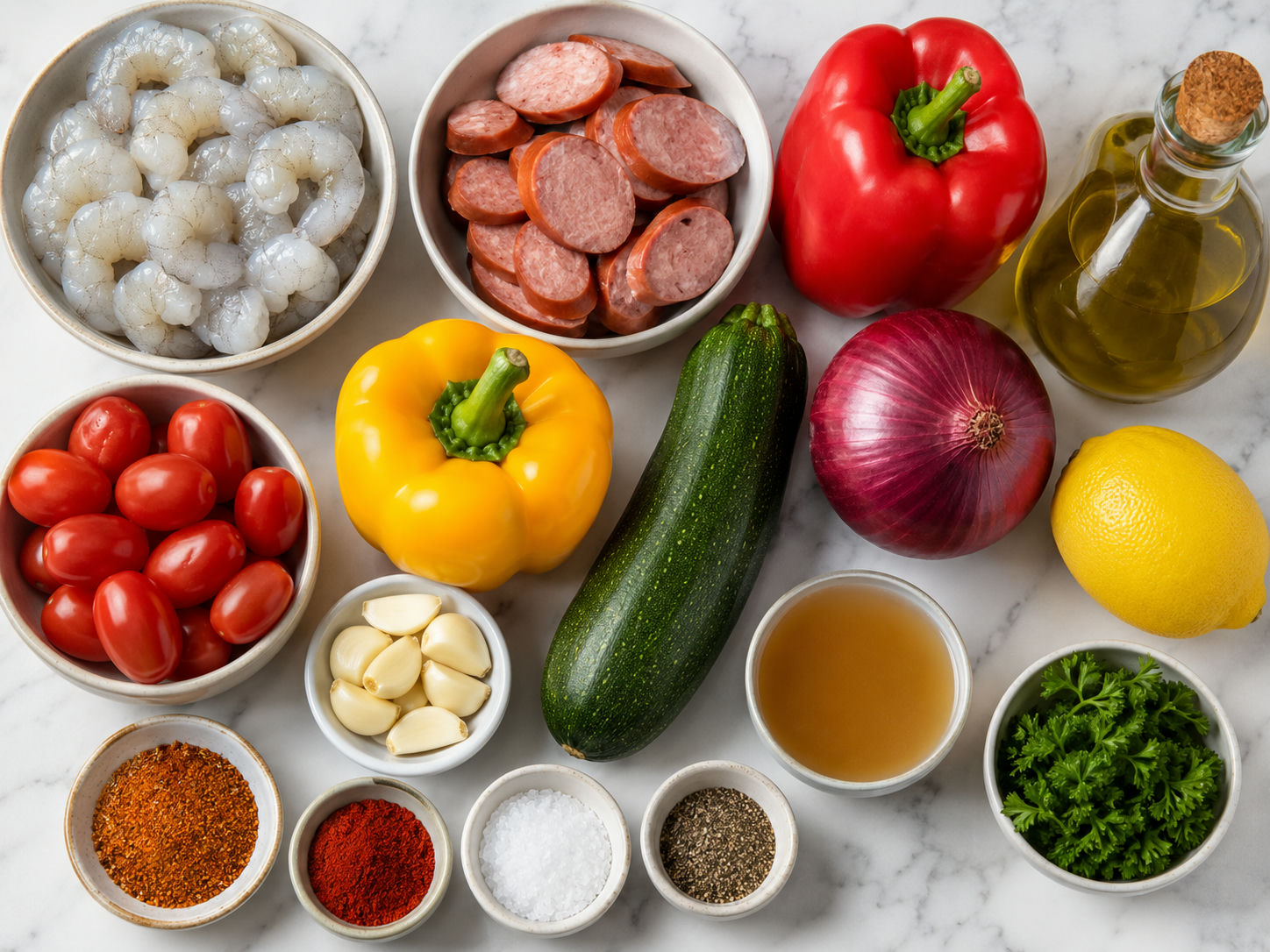 Raw shrimp, smoked sausage, zucchini, peppers, tomatoes, garlic, lemon, and spices