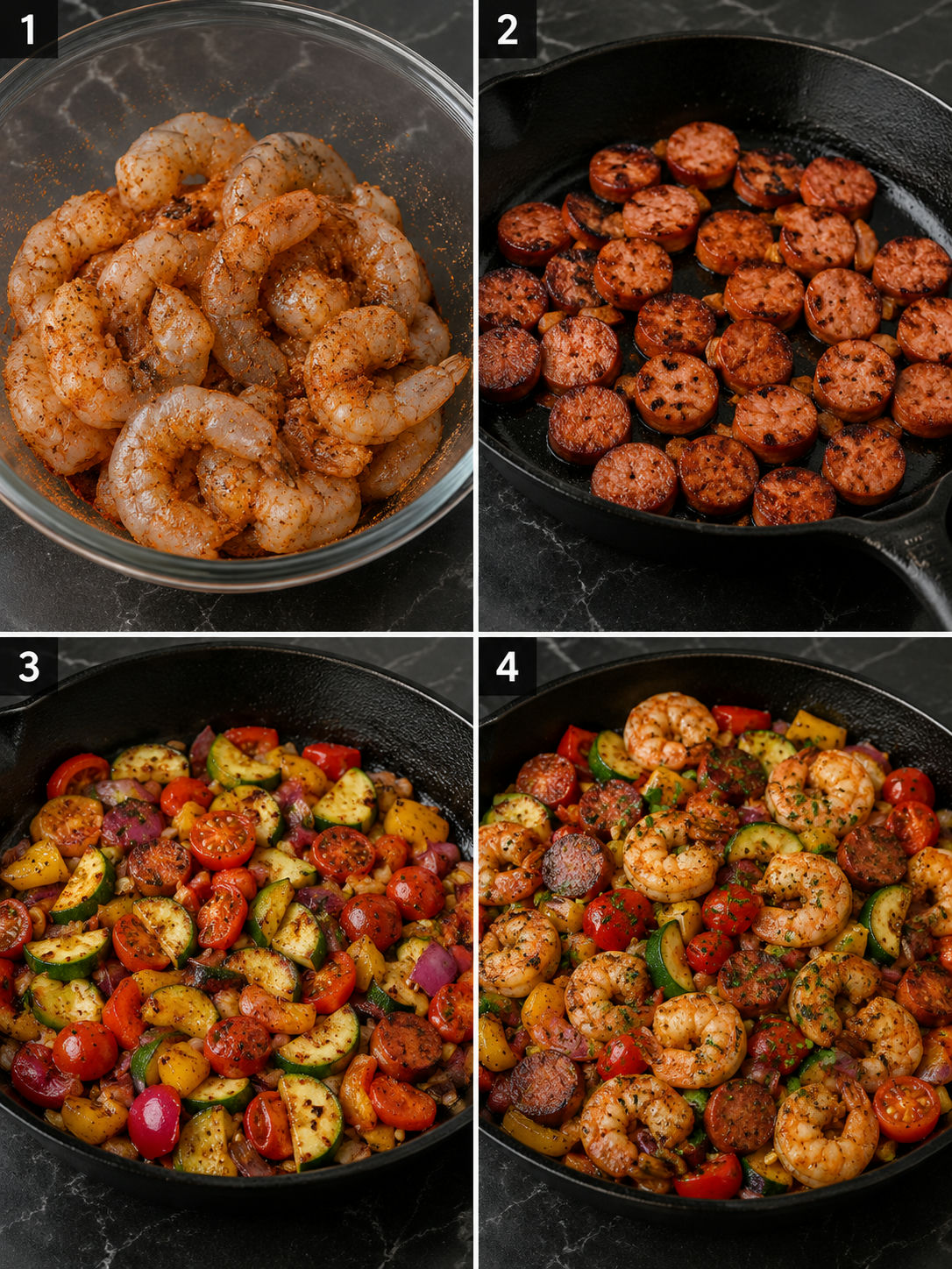 Four cooking steps for shrimp and sausage veggie skillet from seasoning to tossing