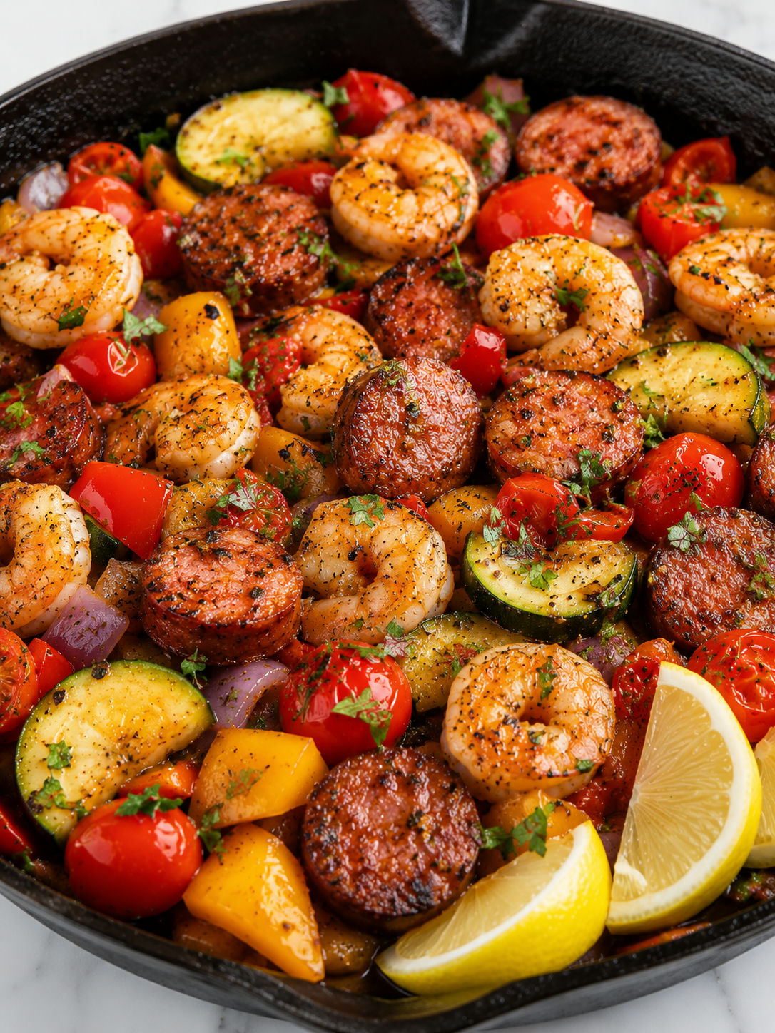 Shrimp and sausage veggie skillet in a cast-iron pan with lemon and parsley