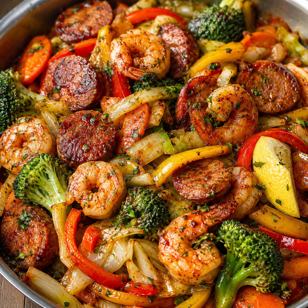 Shrimp and sausage stirfry with peppers, broccoli, cabbage, and carrots