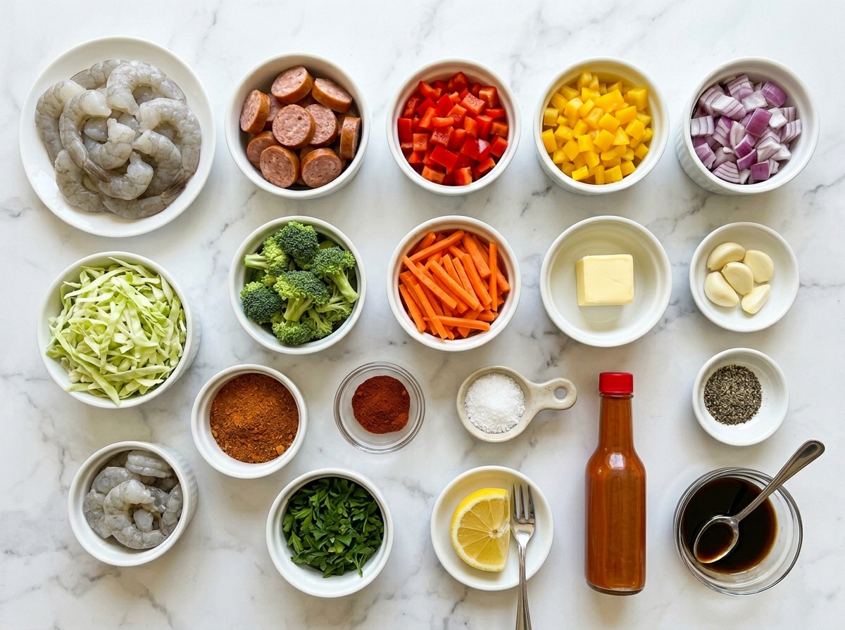 Raw shrimp, sausage, colorful vegetables, butter, spices, lemon, and herbs