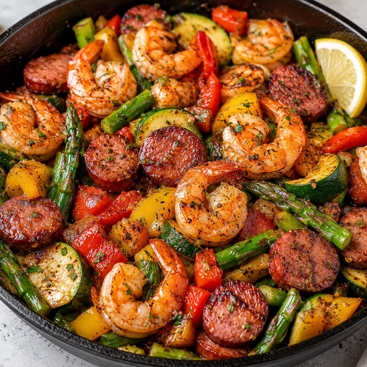 Shrimp and sausage skillet with bell peppers, zucchini, asparagus, and parsley