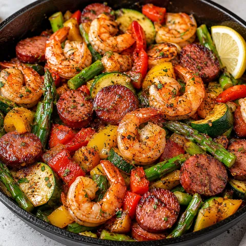 Shrimp and sausage skillet with bell peppers, zucchini, asparagus, and parsley