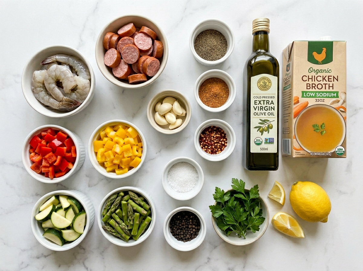 Raw shrimp, sausage, peppers, zucchini, asparagus, lemon, and seasonings