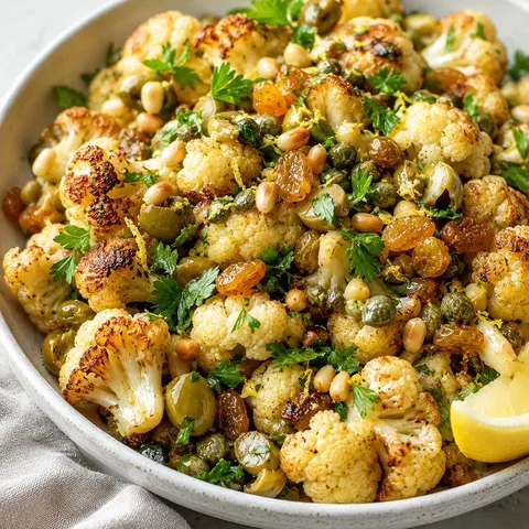 Sicilian cauliflower with raisins, capers, olives, pine nuts, and parsley