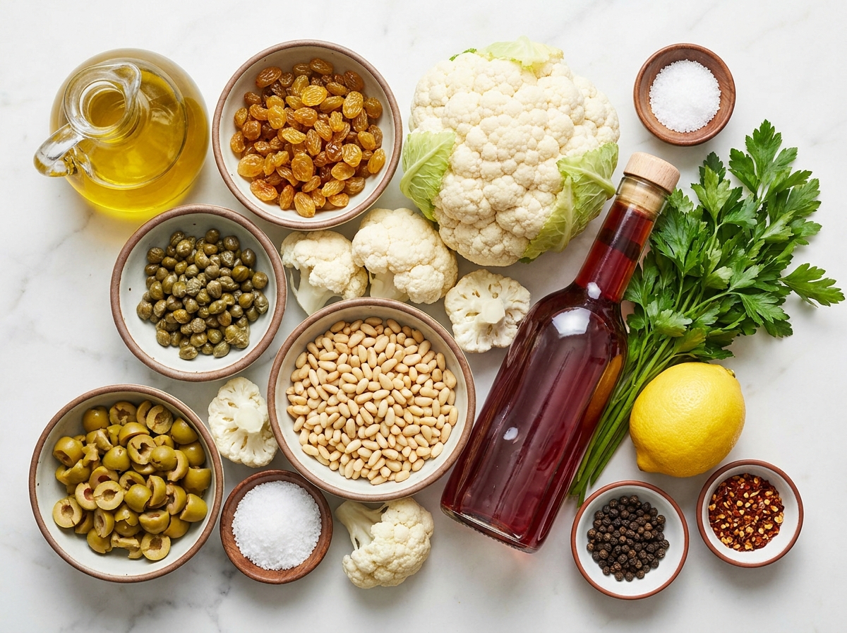 Ingredients for Sicilian cauliflower with lemon, olives, capers, and pine nuts