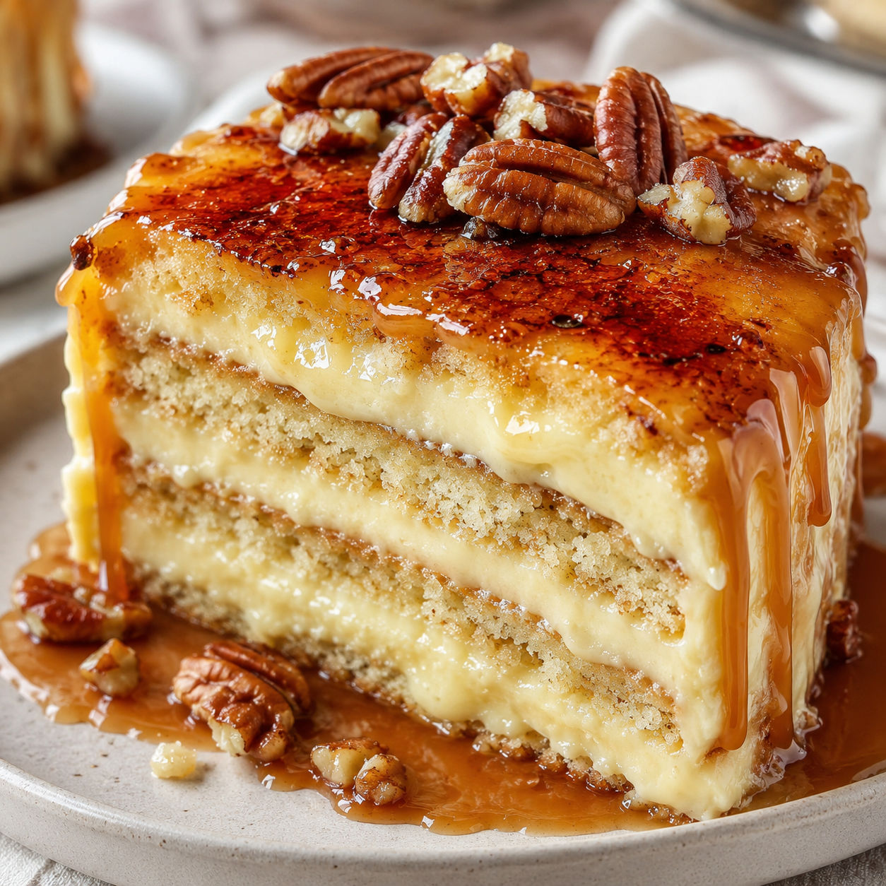 Crème brûlée cake slice with caramel drips and toasted pecans