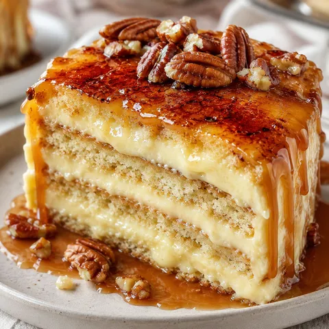 Crème brûlée cake slice with caramel drips and toasted pecans