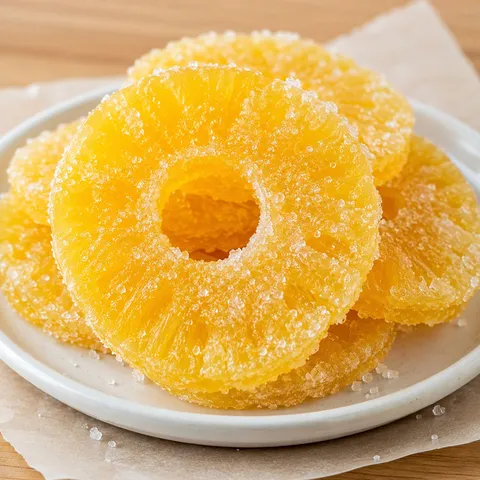 Candied pineapple rings with sparkling sugar on a white plate