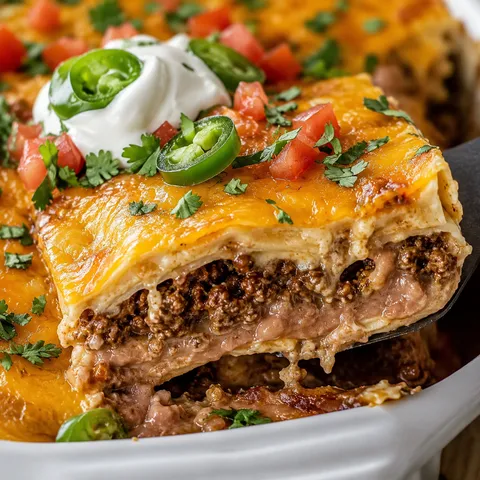 Cheesy beef burrito casserole square with sour cream and cilantro